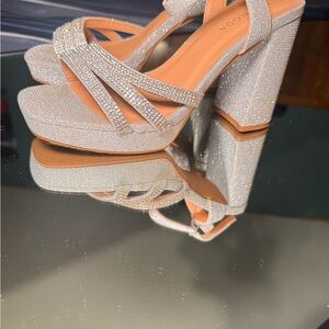 TOP Moda Silver Glitter Platform Block Heel Sandals